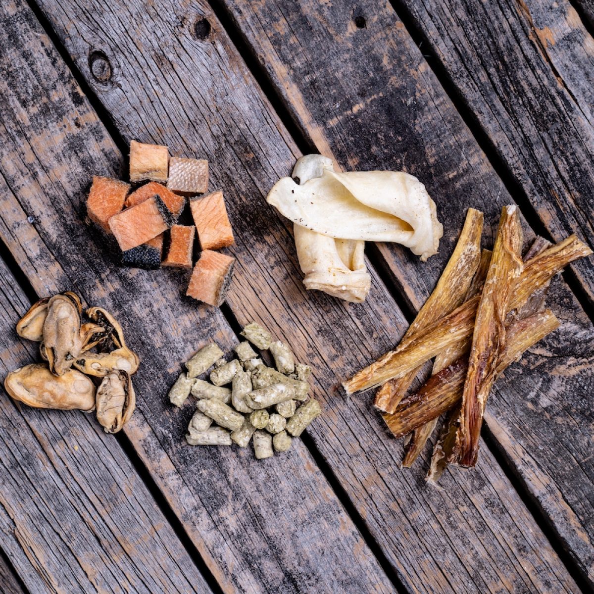 Assortment Of Raw Essentials Treats Including, Salmon, Mussels, Tripe, Lamb Ear, And Venison Tendon Assortment Of Raw Essentials Treats Including, Salmon, Mussels, Tripe, Lamb Ear, And Venison Tendon
